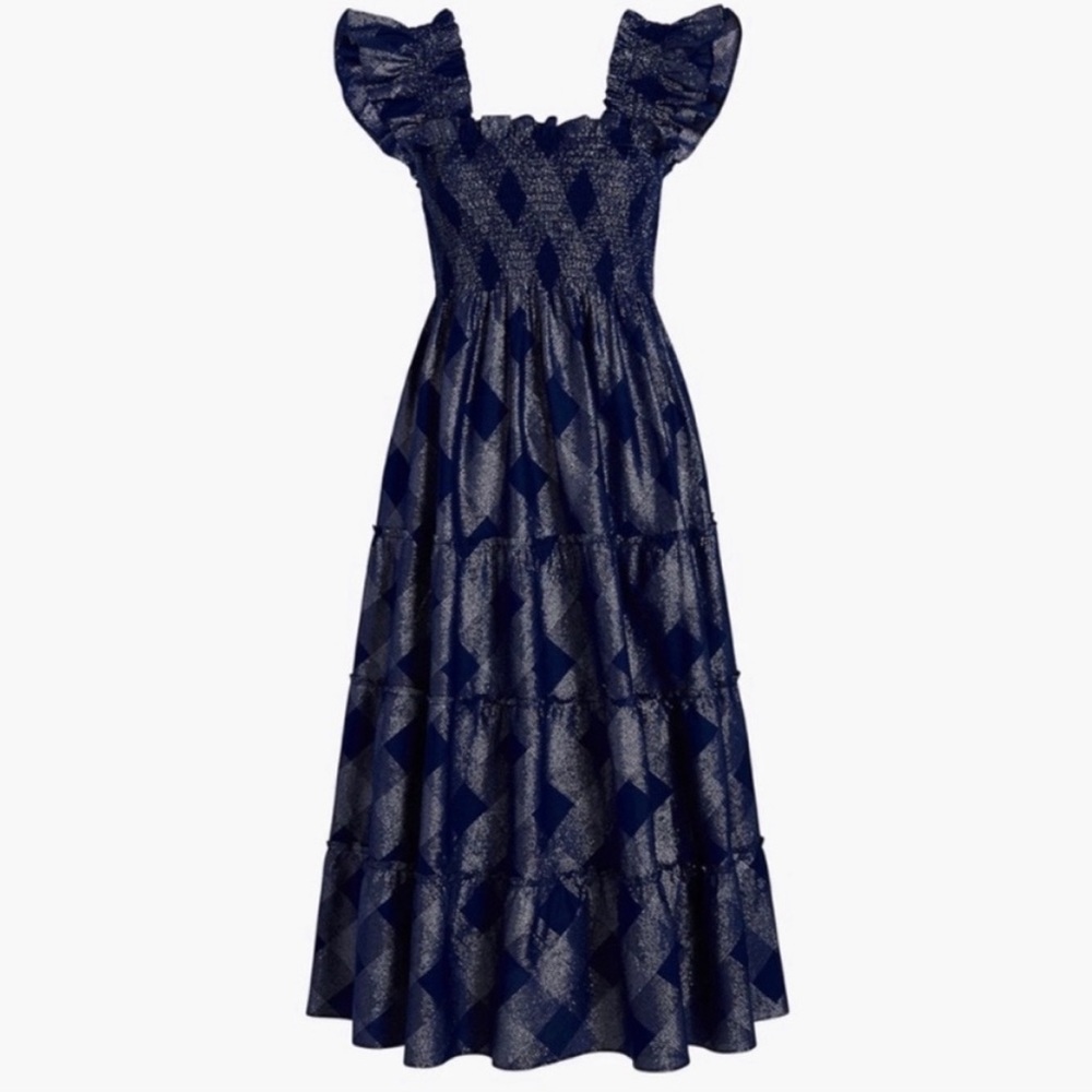 Hill House Nap Dress - Navy Tartan Metallic